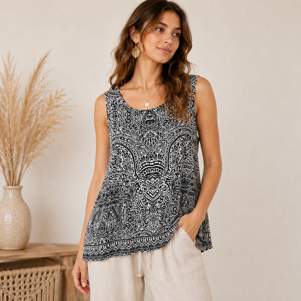 Susan Graver Liquid Knit Sleeveless Blouse Womens Sz L Black Paisley Boho Office